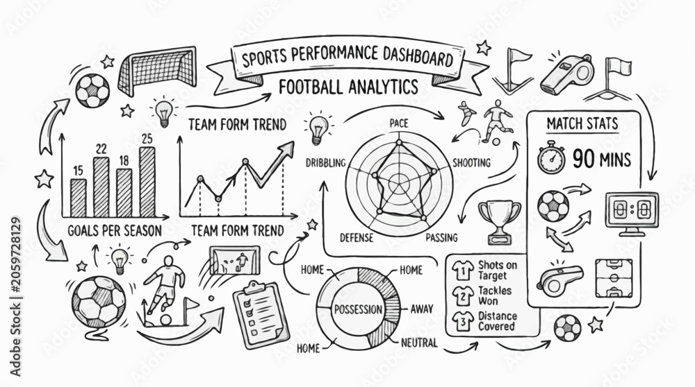 Obraz premium Football Statistics Dashboard Hand Drawn Doodle Vector