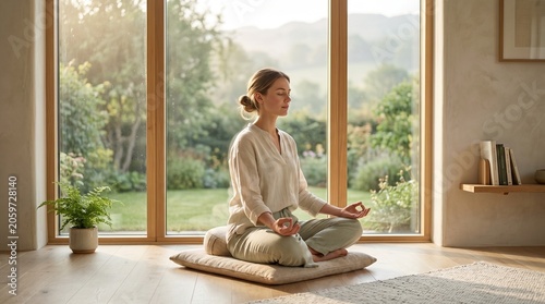 Young woman meditating in lotus position in front of a window with soft morning sunlight, mental health and wellness concept.