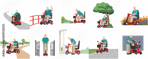 Senior man on electric mobility scooter in various daily life activities and outdoor scenes, flat vector illustration set