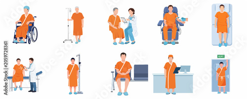 Hospital Patient and Medical Healthcare Character Set. Flat Vector Illustration of Patients in Orange Gowns Receiving Treatment, Checkups, and Consultations with Doctors in a Clinic.