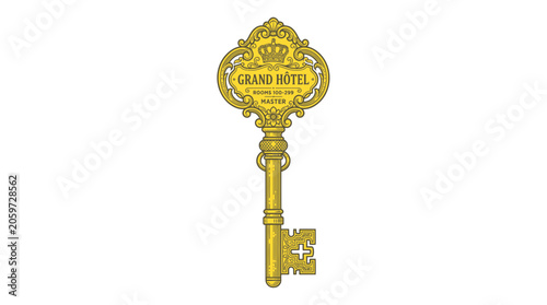 Vintage golden master key for a grand hotel with ornate detailing