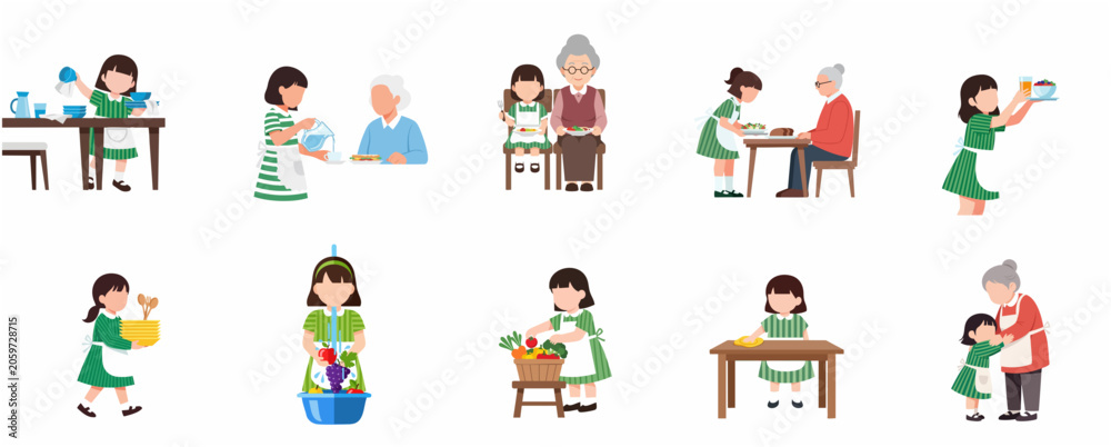 Fototapeta premium Set of illustrations featuring a young girl helping her grandmother with daily chores, cooking, and house cleaning in a flat vector style.