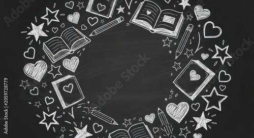 Chalkboard background with handdrawn school supplies, books, stars, and hearts arranged in a circular frame with copy space in the center
