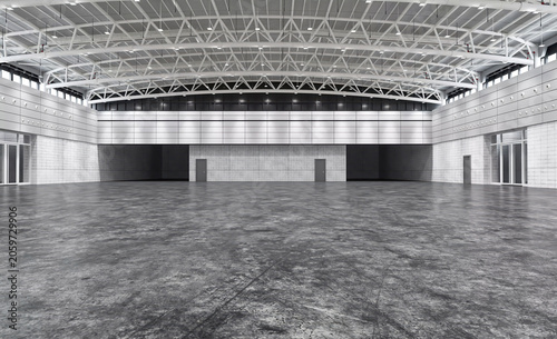Принти на полотні Large empty exhibition hall interior with modern steel roof and concrete floor