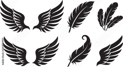 Collection of black silhouette stylized wings and feathers on a white background, various