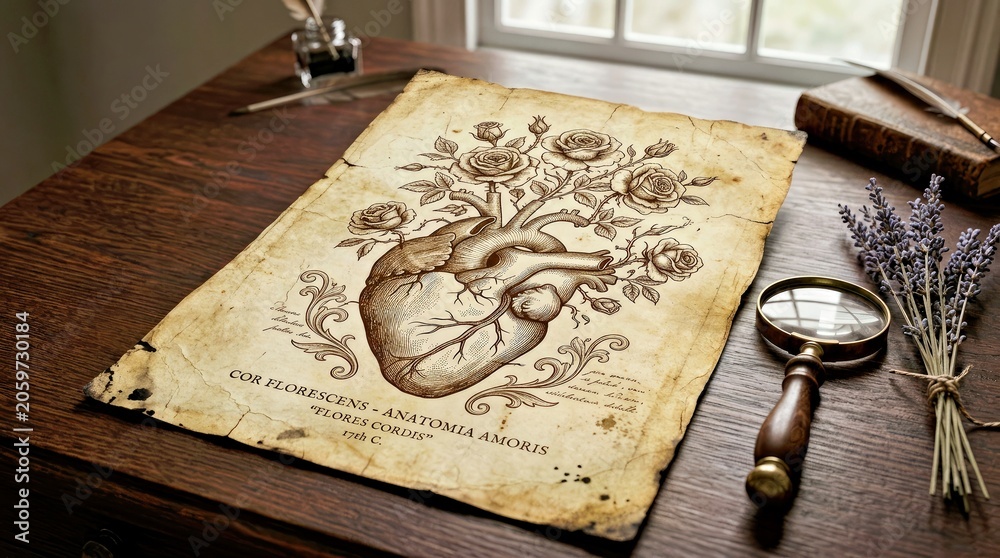Fototapeta premium Anatomical Heart With Floral Design on Vintage Parchment for Decor