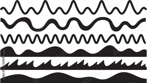 Collection of six distinct black wavy lines and shapes on a white background, representing various forms of curves and undulations