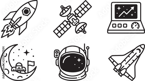 Collection of six black and white line depicting space exploration and technology, including a rocket, satellite, laptop, moon base, astronaut helmet, and space shuttle