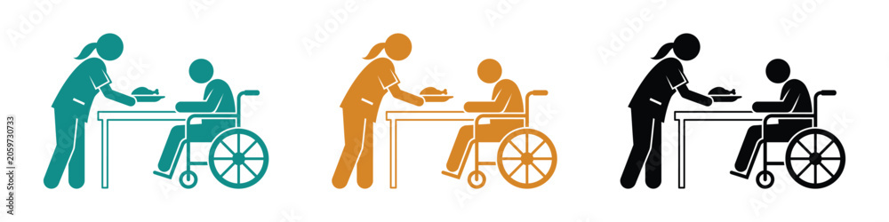Fototapeta premium Caregiver assisting elderly person in wheelchair at table during mealtime vector silhouette isolated on white background