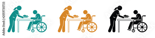 Cuadro en lienzo Caregiver assisting elderly person in wheelchair at table during mealtime vector
