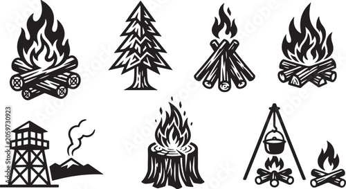 Collection of stylized black and white depicting campfires, a pine tree, a watchtower, and a volcano
