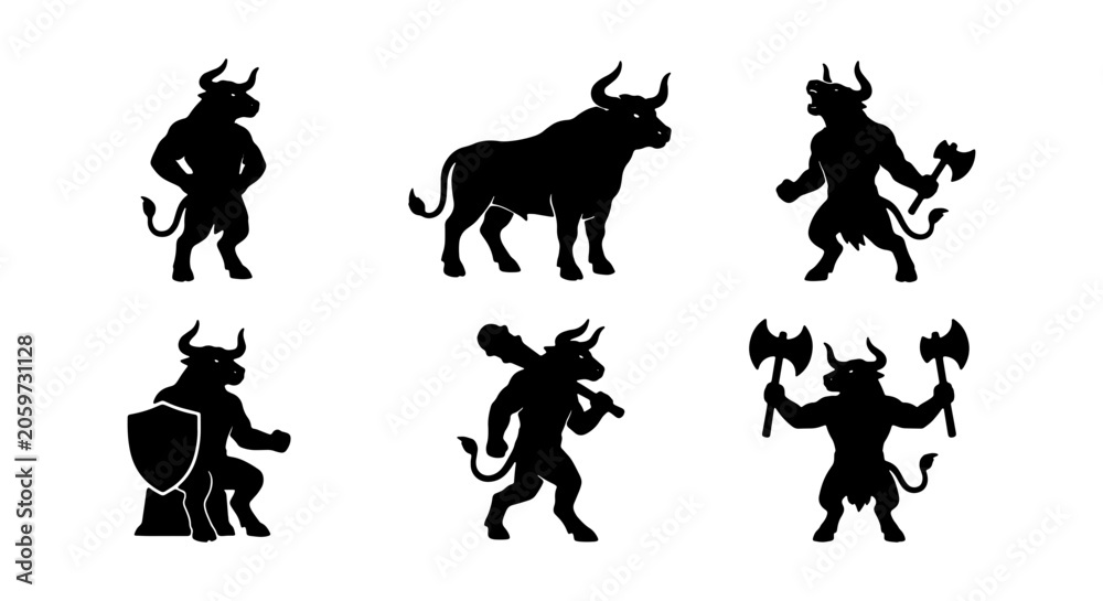 Naklejka premium Mythical Minotaur Icons, Powerful Bull Warrior Silhouettes, Ancient Greek Monster Vector Set