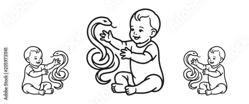 Cute baby playing with a friendly snake line art illustration curious infant reaching for a coiled serpent in a charming black and white nursery style.