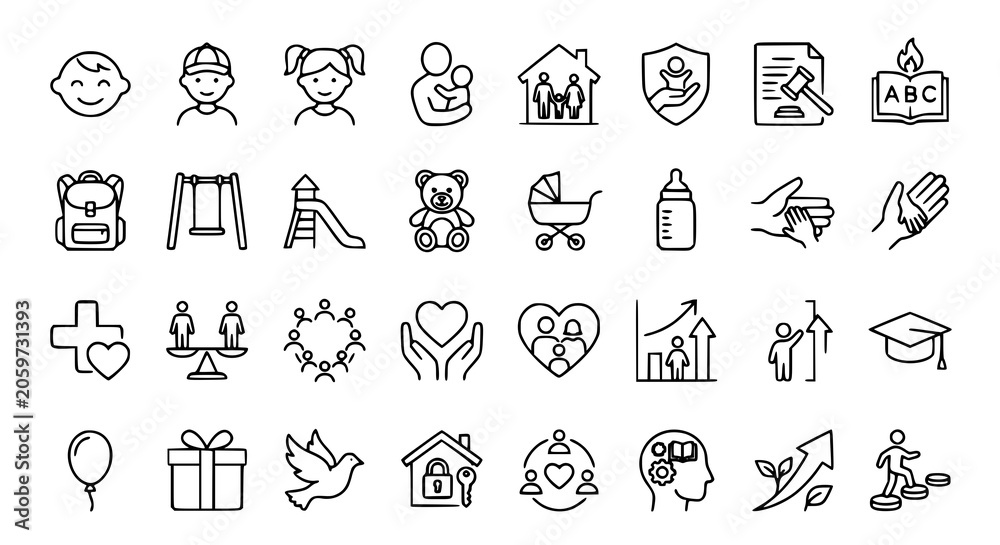 Fototapeta premium Child Rights and Parenthood Line Icons Pack Featuring Child Care Family Support and International Children Day Elements
