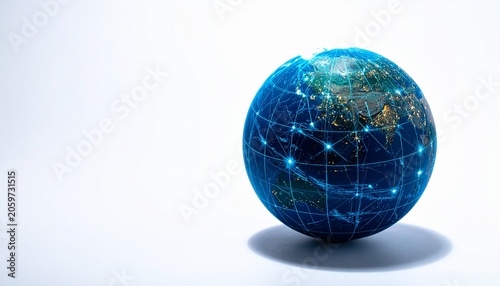 Futuristic Digital Globe with Glowing Network Connections and City Lights on White Background