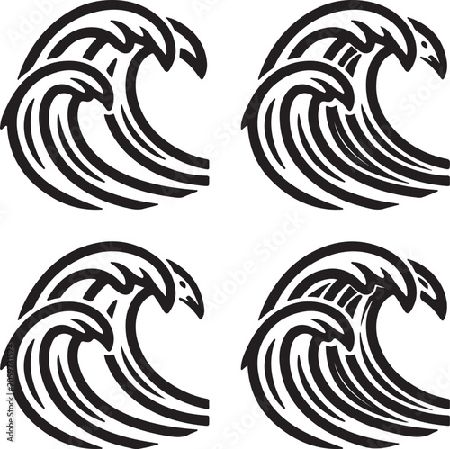 Four stylized black and white tribal wave two with bird-like heads, on a white background, water ocean