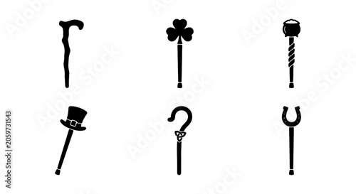 St. Patrick's Day Canes, Walking Sticks, and Symbols Vector Icons Set: Luck, Celebration, Irish Holiday