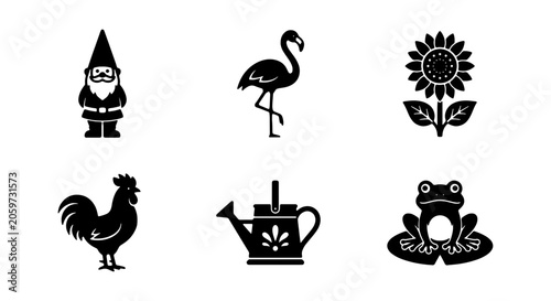 Garden Icons Set: Gnome, Flamingo, Sunflower, Rooster, Watering Can, Frog Vector Graphics