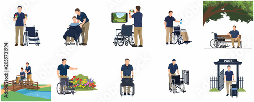 Set of flat vector illustrations depicting a caregiver assisting a man in a wheelchair during various outdoor activities in a park environment.