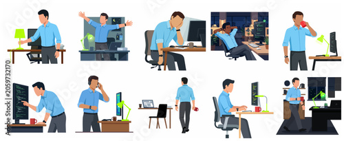 Vector illustration set of a male programmer working in an office, coding, feeling tired, stretching, and drinking coffee during day and night shifts.