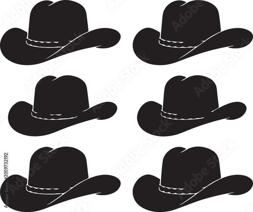 Six black cowboy hats with white band details arranged in two columns of three, isolated on a white background