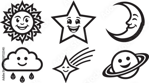 Six cartoon celestial bodies and weather with smiling faces, black and white line star moon cloud