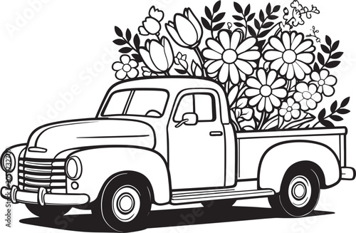 Black and white line of a vintage pickup truck overflowing with flowers and leaves