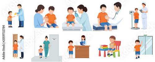 Schilderij op canvas Set of Flat Illustrations of a Child's Visit to the Pediatrician Including Medic