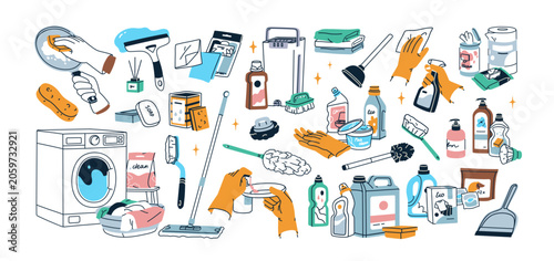 Clean products and household equipment set. Housework tools, cleaning and was...