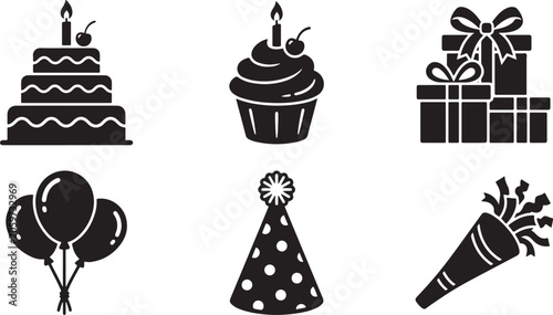 Black silhouette of birthday cake, cupcake, gifts, balloons, party hat, and confetti popper on white background