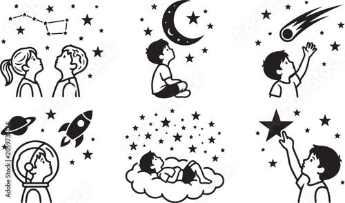 Children and astronaut observing stars, moon, comet, rocket, and planet in a stylized night sky girl