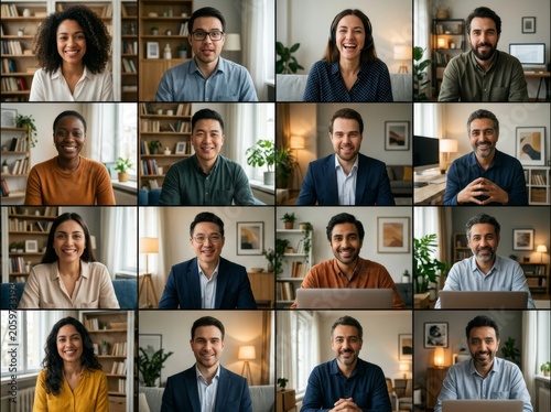 A grid of diverse individuals engaging in online meetings. Bright and welcoming home offices.