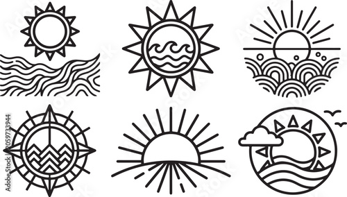 Collection of six minimalist black line depicting sun, waves, clouds, and a compass rose