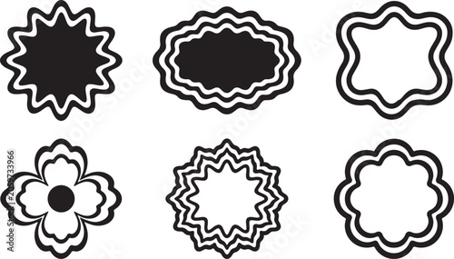 Collection of six black and white abstract decorative frames with wavy, scalloped, and starburst edges