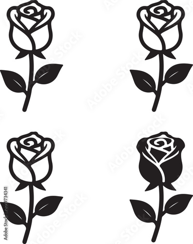 Four black and white stylized rose with leaves on a white background, flower symbol