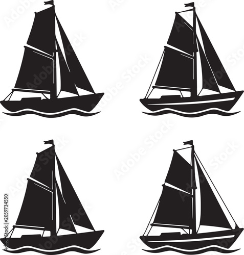 Four black silhouette sailboats with flags on wavy water against white background, wave