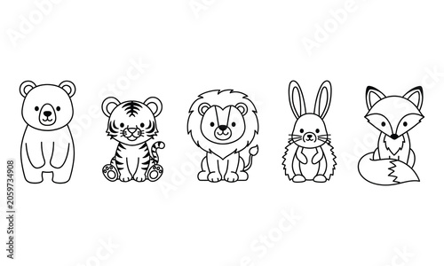Photography Cute safari animals cartoon vector illustration, jungle animal set outline graphic design