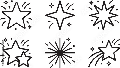 Six black and white line of stars and bursts, with small dots and curved lines, on a white background