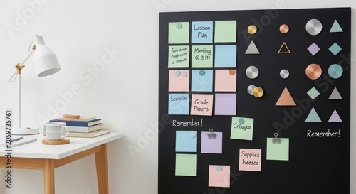 Modern home office workspace with a black magnetic wall board, desk lamp, and organized sticky notes for planning and productivity