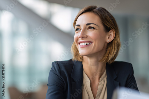Attractive female team leader at glass meeting table, ambitious businesswoman lawyer, modern office workspace, confident corporate portrait