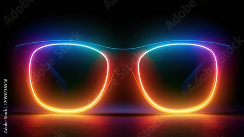 Neon glasses glow with vibrant blue and orange light