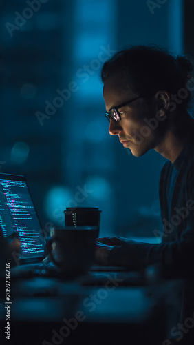 Woman coding on laptop at desk in dark modern workspace with coffee and bokeh lights