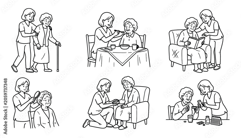 Fototapeta premium Senior Citizen Care and Family Support Vector Illustration Set