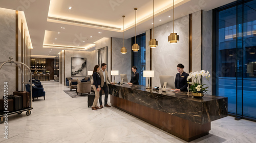 Hotel lobby interior with reception desk and staff