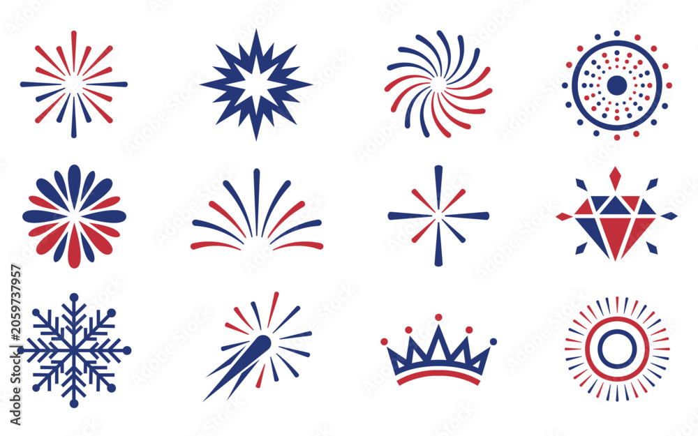 Fototapeta premium Patriotic fireworks burst icon set, USA independence celebration symbol collection