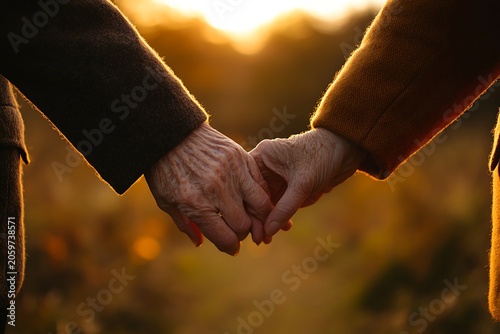 Elderly Couple Holding Hands in Golden Light.