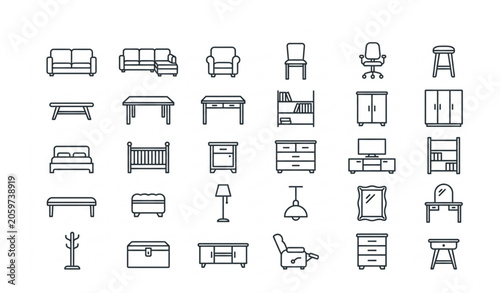 Photos Thin Line Furniture and Interior Icon Set with Cafe Bed Office Chair Restaurant