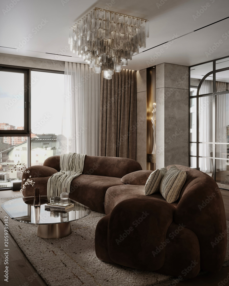Fototapeta premium Sophisticated luxury living room with chandelier and panoramic city view