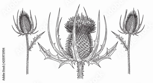 Botanical line art illustration of three thistle flower heads with sharp prickly bracts and thorny stems, rendered in monochrome black ink style on a clean white background.