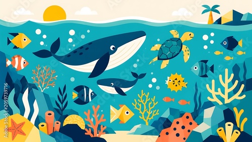 Cheerful Underwater Marine Life Educational Mural For Ocean Learning Spaces
